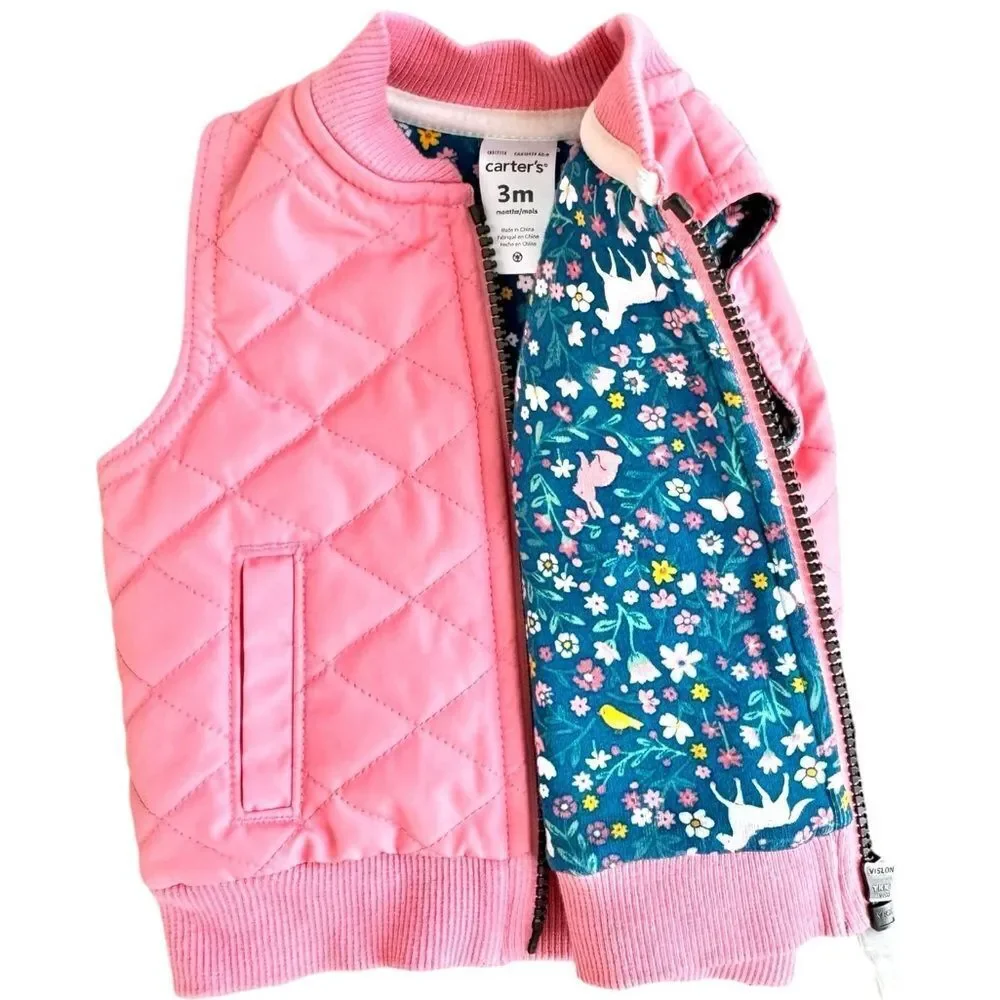 Carter’s Baby Girls Pink Zip Front Floral Print Cotton Lined Vest. 3 Months.